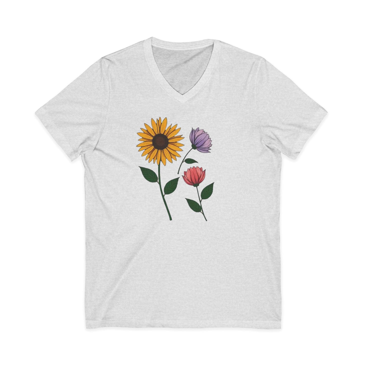 Floral Trio V-Neck Tee — Sunflower & Wildflower Botanical Graphic Shirt