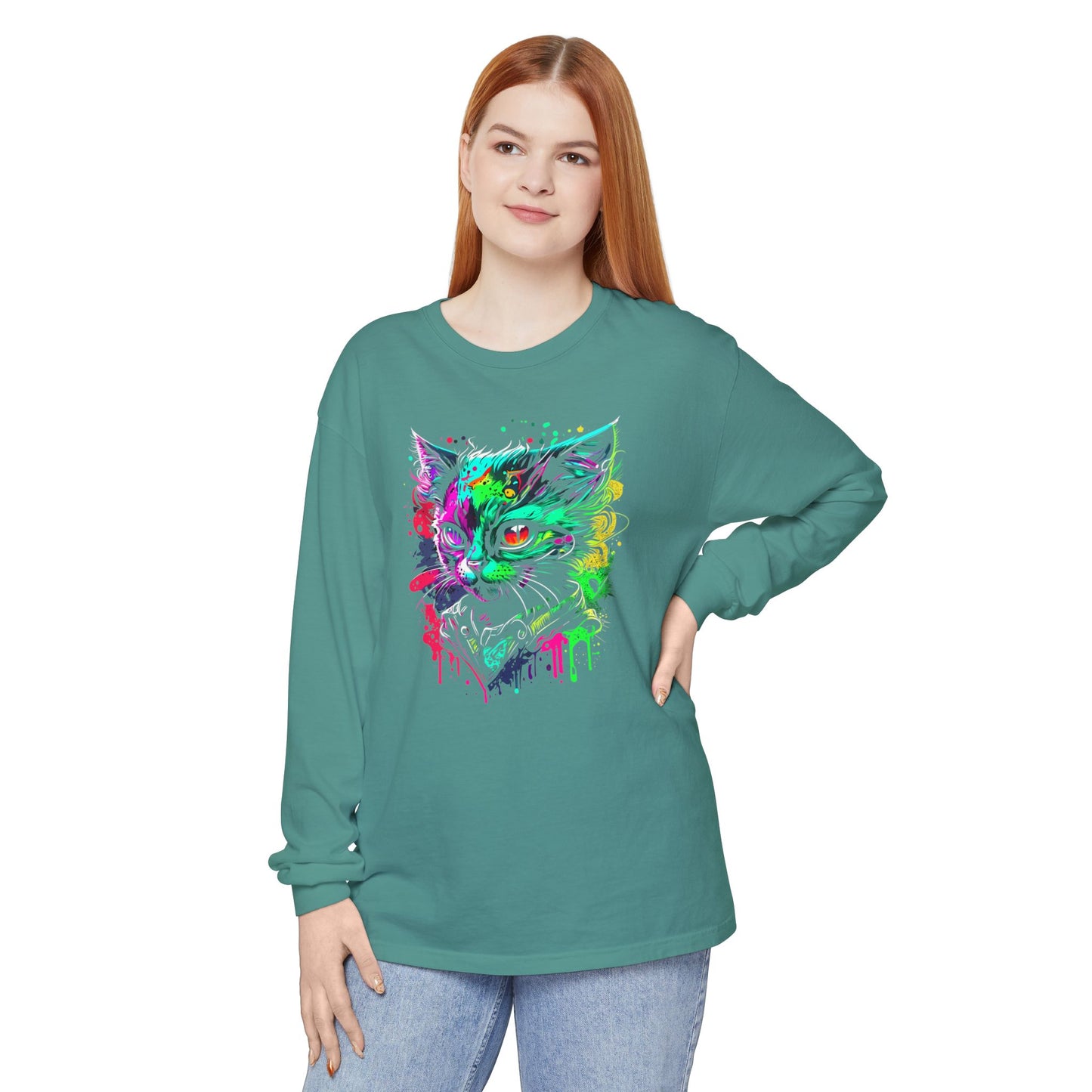 Psychedelic Cat, Unisex Garment-dyed Long Sleeve T-Shirt