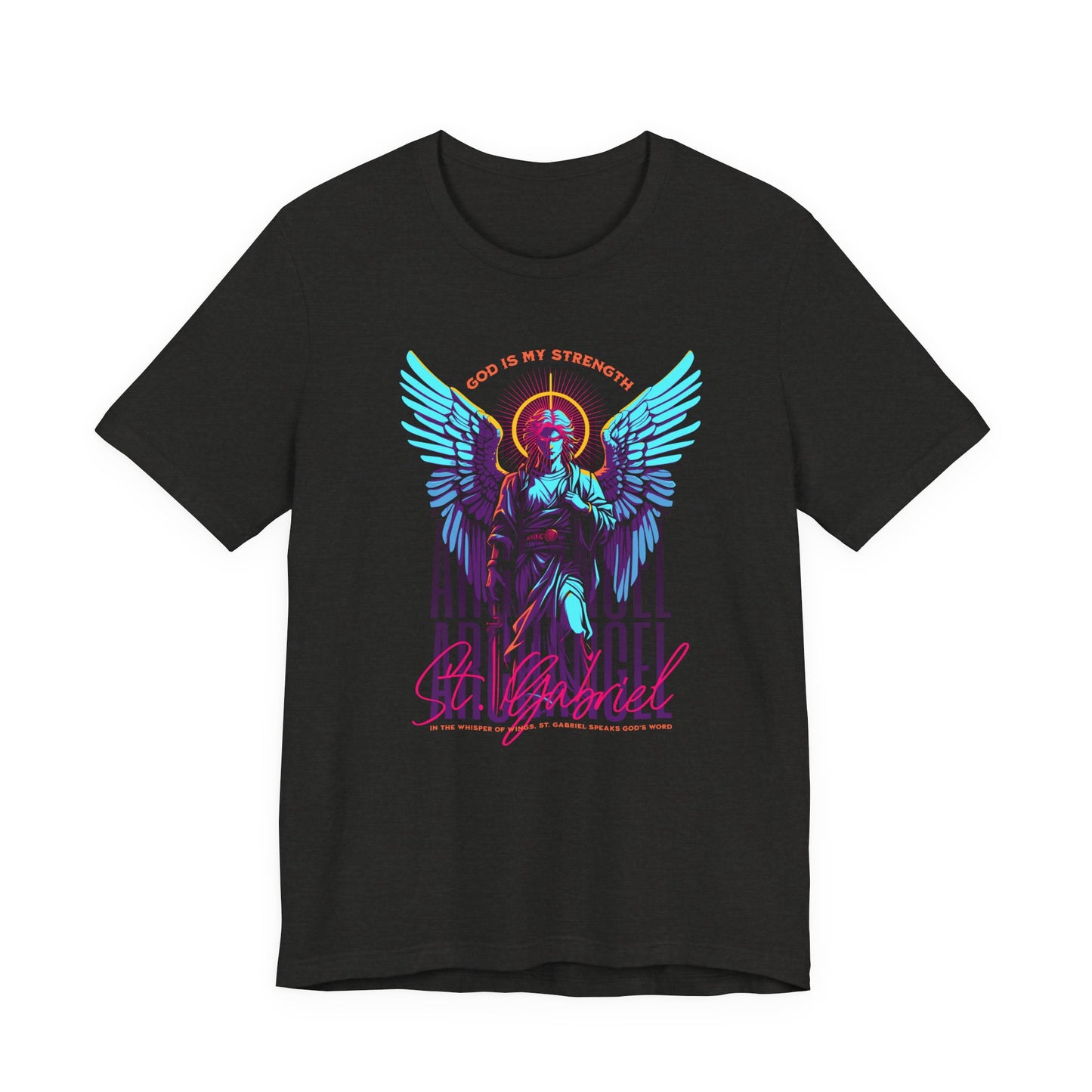 St. Gabriel Angel Tee — "God Is My Strength" Neon Graphic T-Shirt