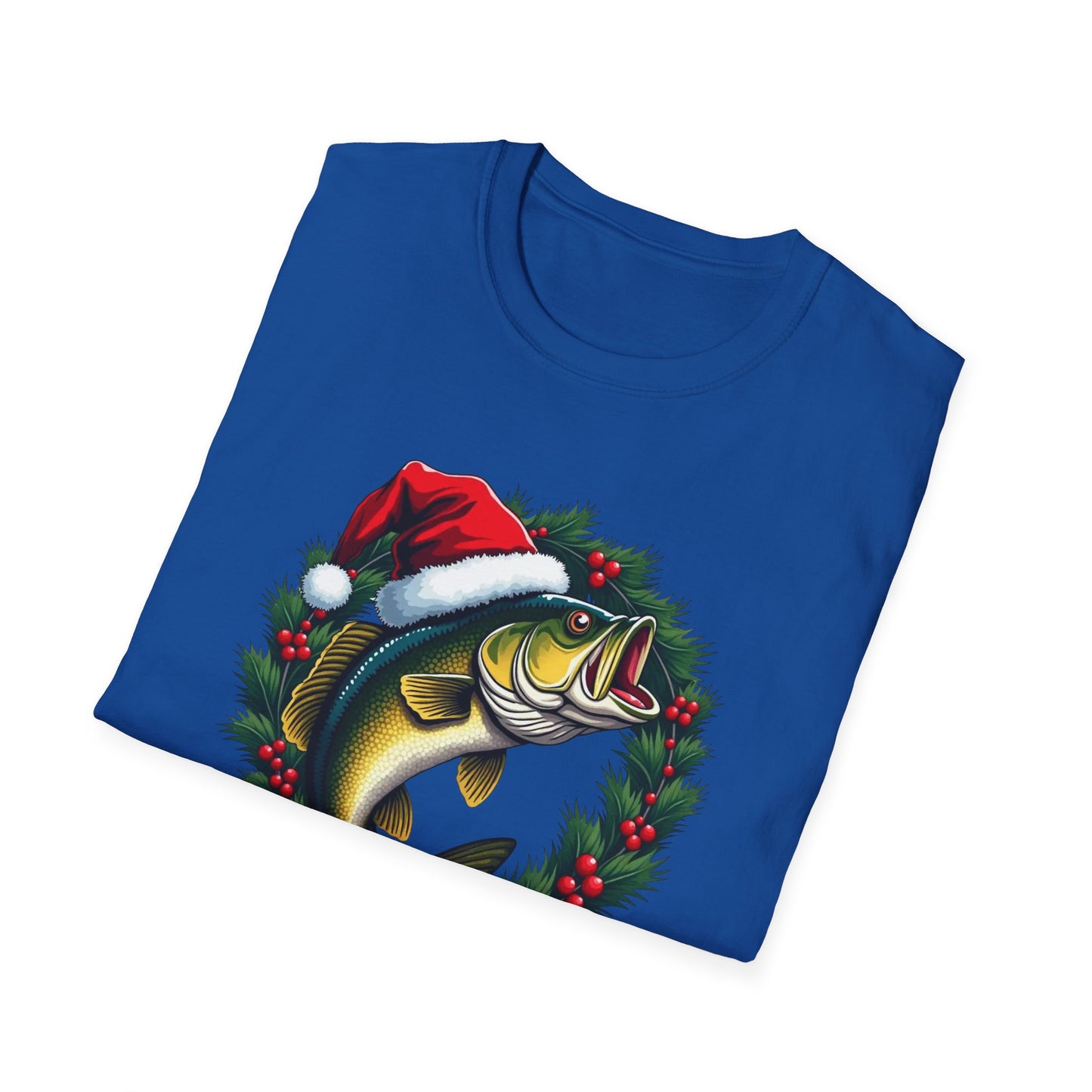 Christmas Wreath Bass Fishing T-Shirt — Santa Hat Fish Holiday Tee