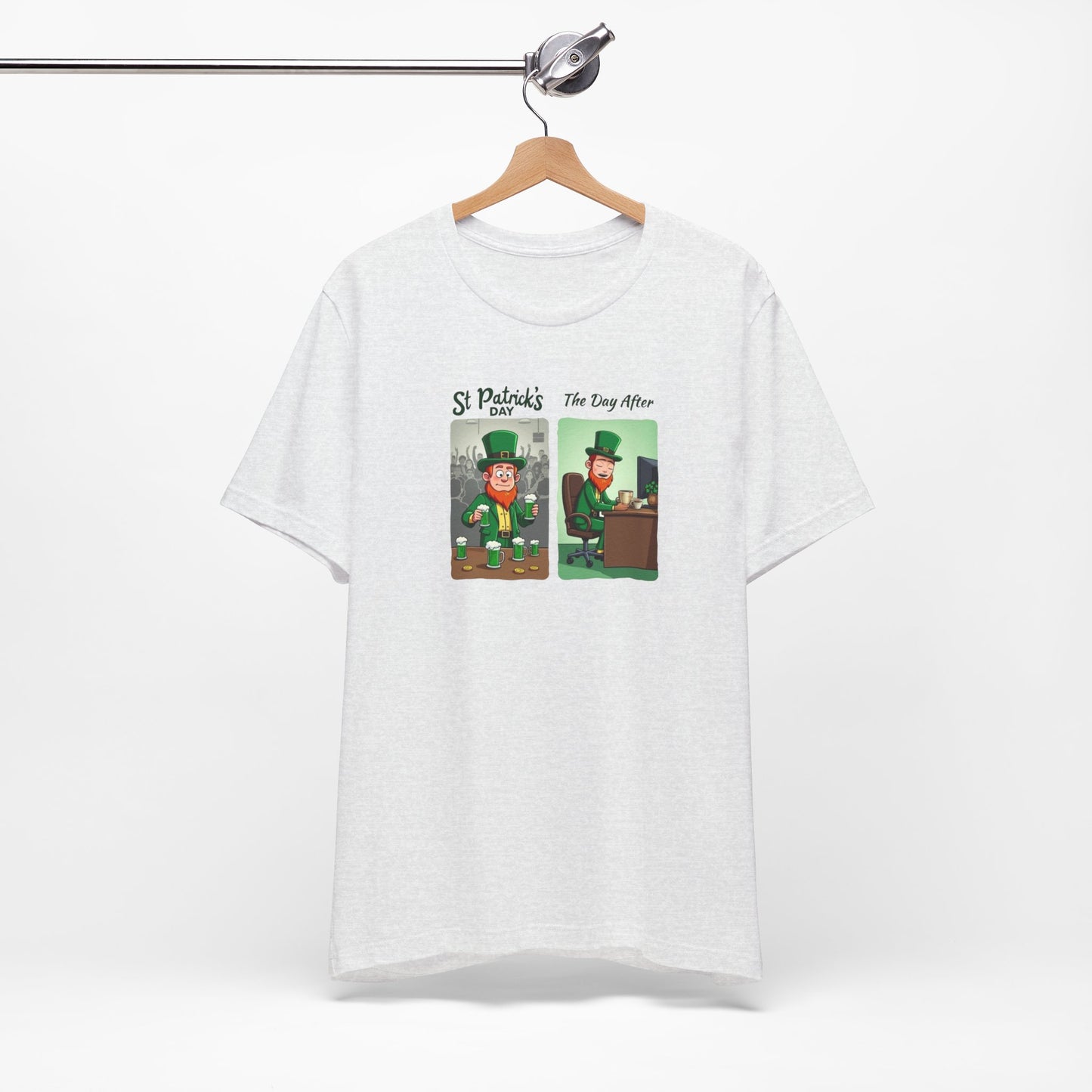 St. Patrick's Day Leprechaun Funny Cartoon T-Shirt — "St. Patrick's Day / The Day After" Tee