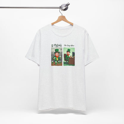 St. Patrick's Day Leprechaun Funny Cartoon T-Shirt — "St. Patrick's Day / The Day After" Tee