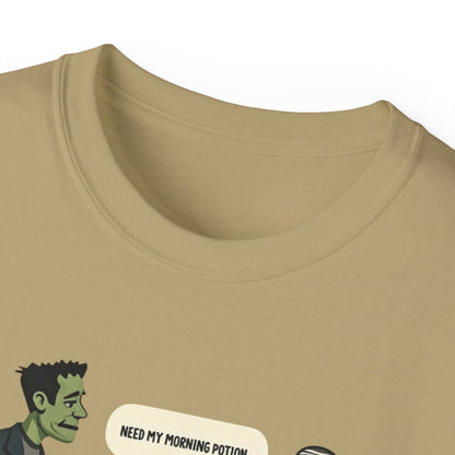 Funny Halloween Tee — Frankenstein & Mummy Coffee Joke Shirt