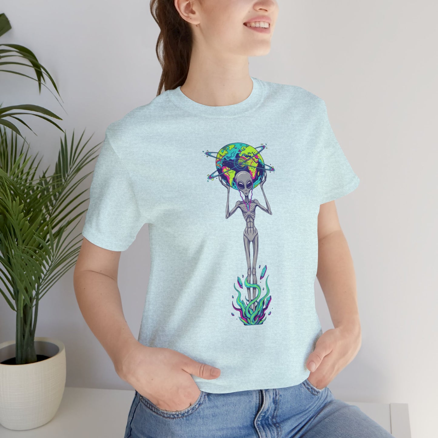 Alien Holding Earth Graphic Tee — Cosmic Sci‑Fi Alien Shirt