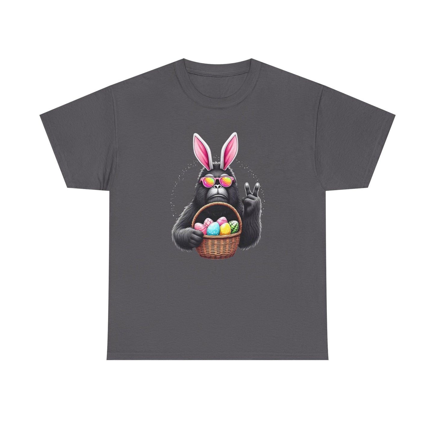 Easter Sasquatch Peace Sign T-Shirt — Cool Black Bunny with Egg Basket