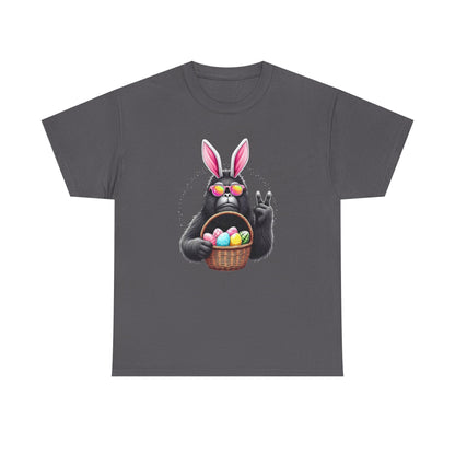 Easter Sasquatch Peace Sign T-Shirt — Cool Black Bunny with Egg Basket