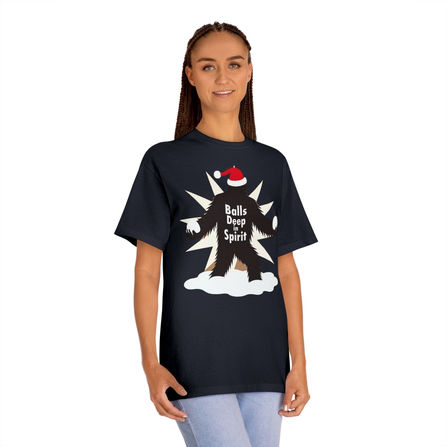 Bigfoot Holiday Tee — "Balls Deep Spirit" Funny Christmas Sasquatch T-Shirt