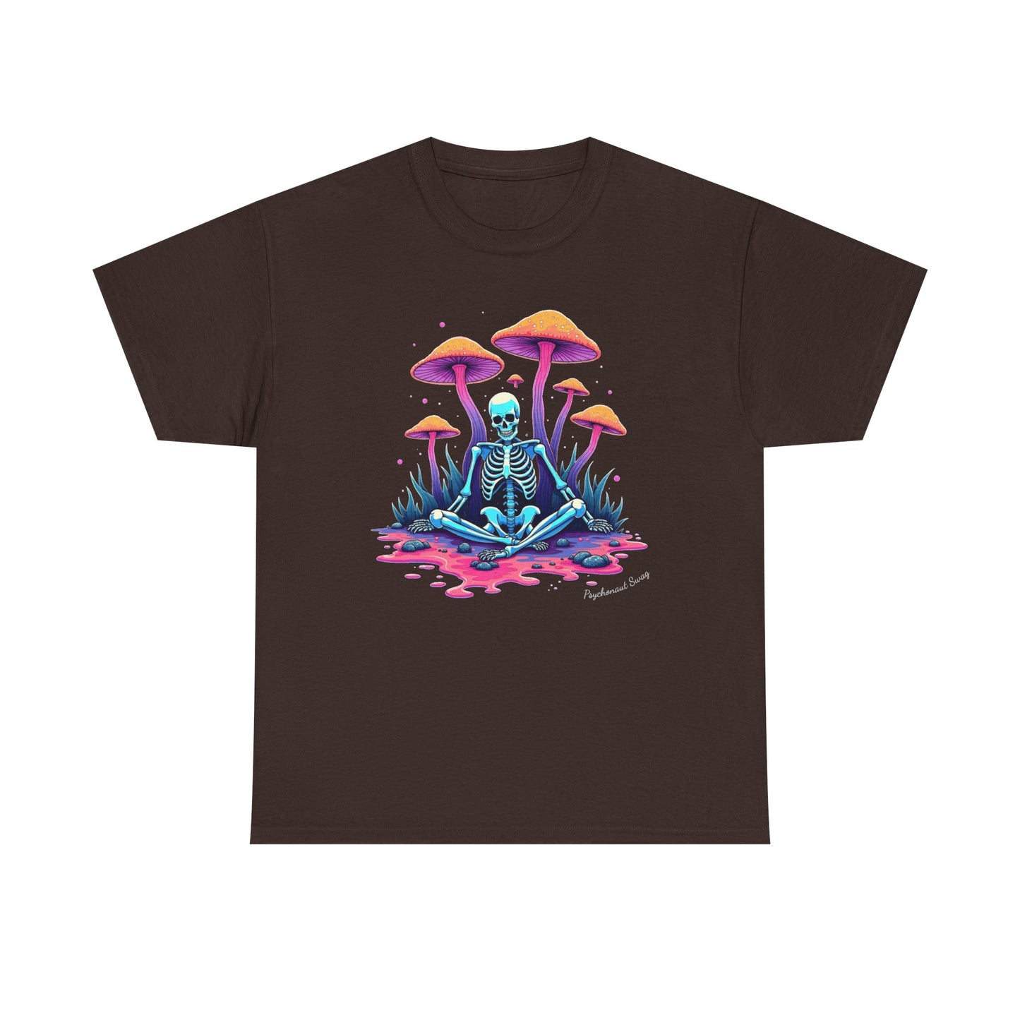 Psychedelic Mushroom Skeleton Near-Death Trip T‑Shirt — Neon Trippy Fungi Meditation Tee
