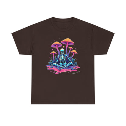 Psychedelic Mushroom Skeleton Near-Death Trip T‑Shirt — Neon Trippy Fungi Meditation Tee