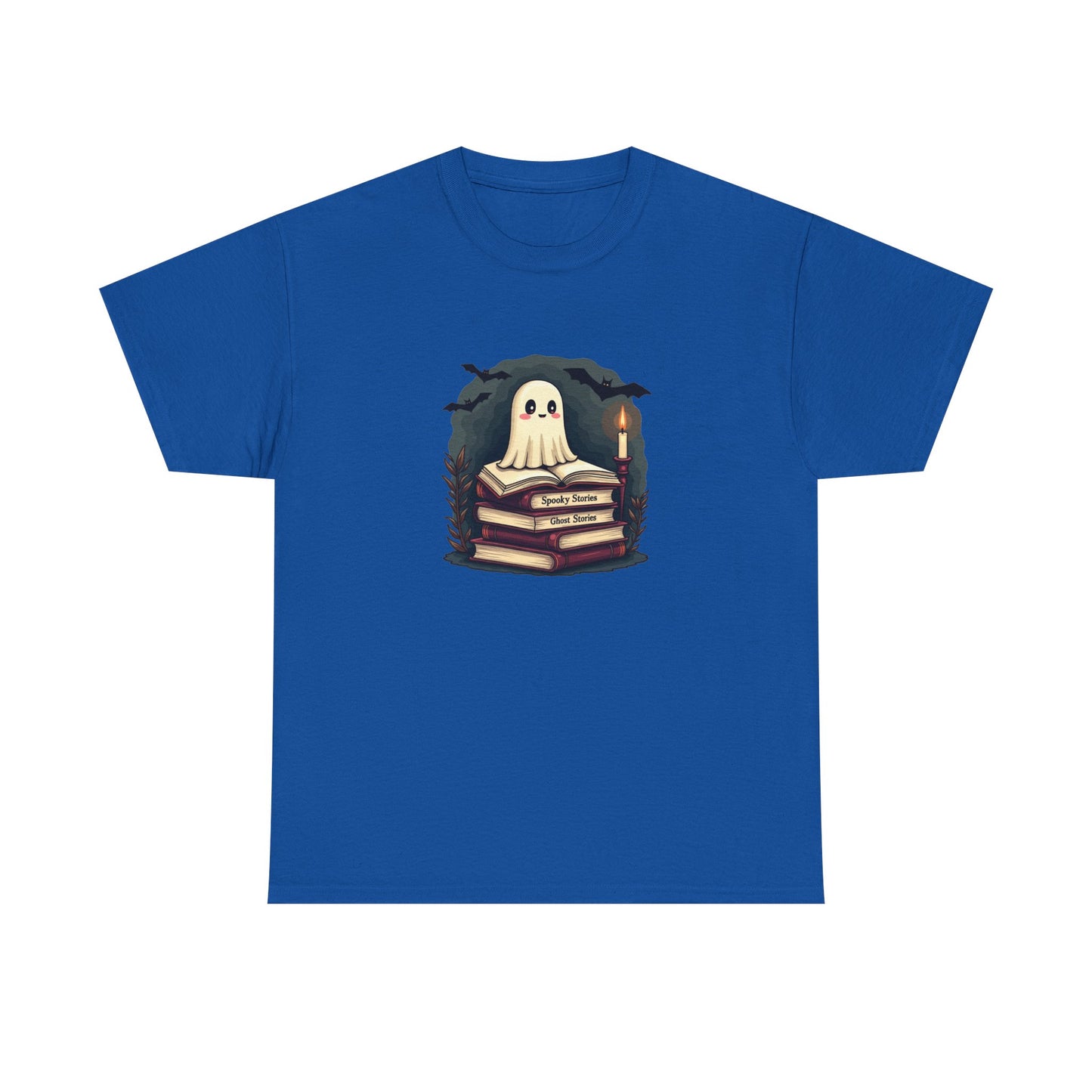 Ghost Reader T-Shirt — Cute Ghost on Stacked Books Halloween Tee