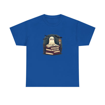 Ghost Reader T-Shirt — Cute Ghost on Stacked Books Halloween Tee