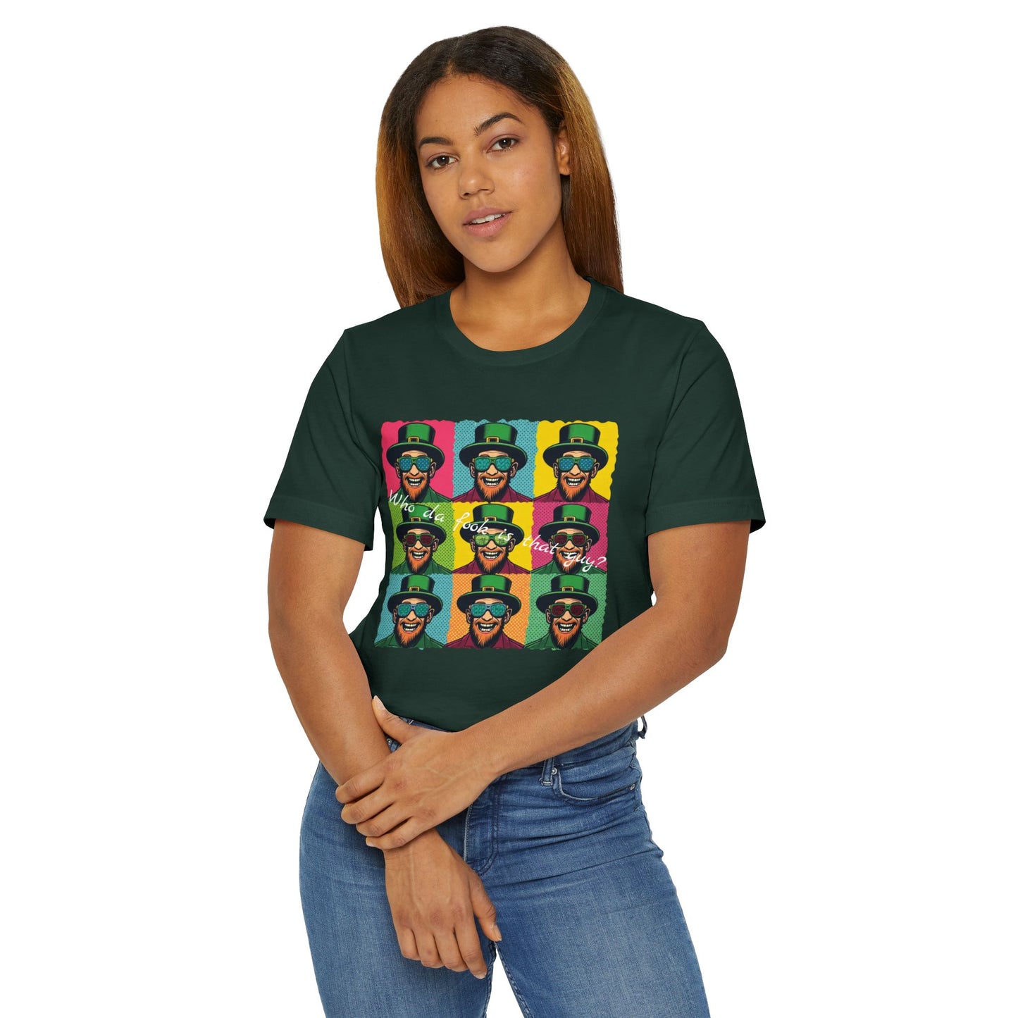 Pop Art Leprechaun, Who da fook is that guy?” T-Shirt — Colorful St. Patrick’s Day Graphic Tee