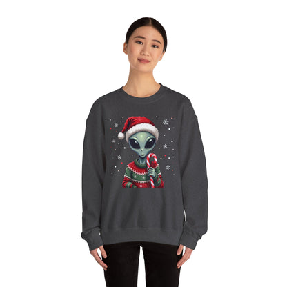 Alien Christmas Sweatshirt — Cute Santa Alien in Candy Cane Sweater