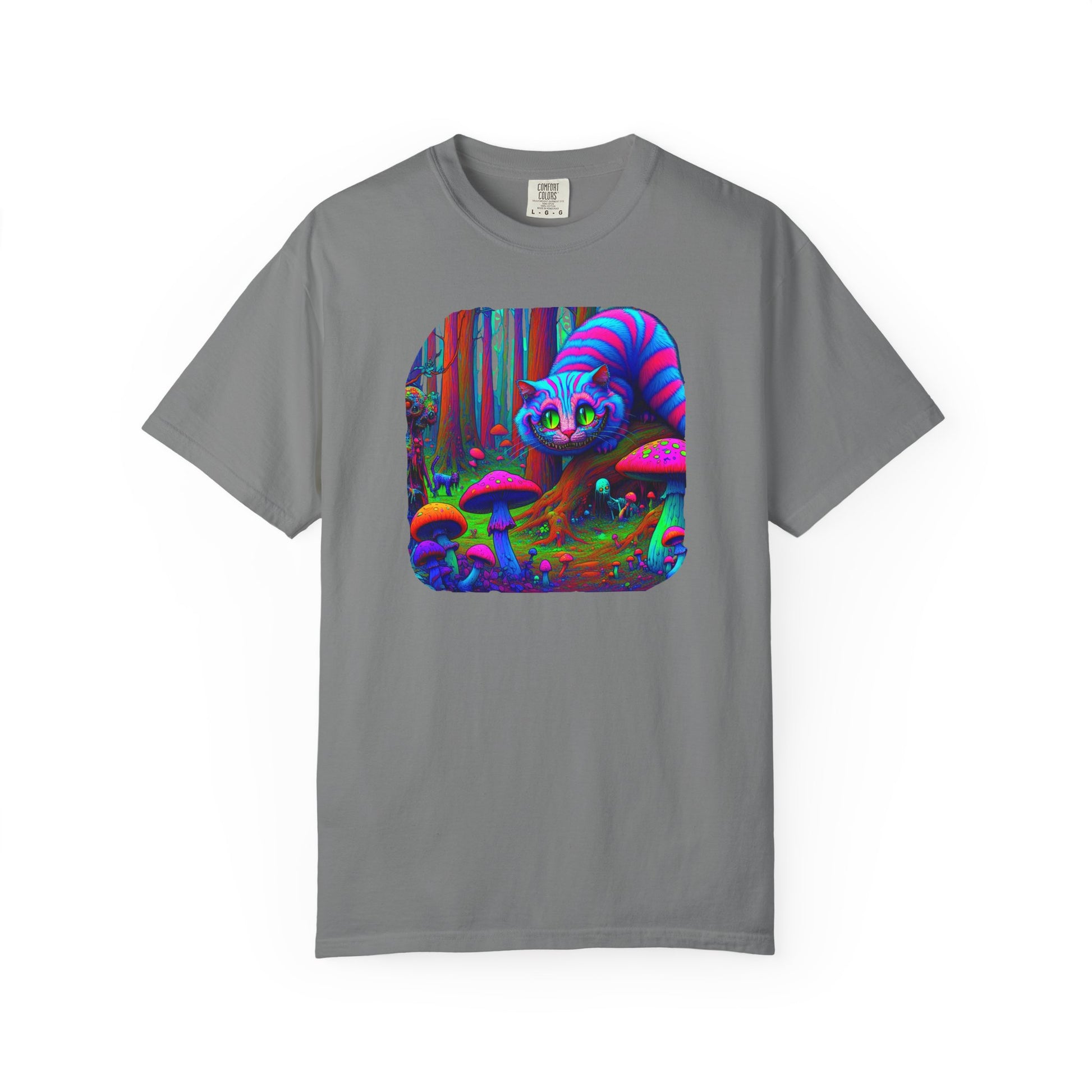 Curious Cat with mushrooms, Unisex Garment-Dyed T-shirt - Psychonaut Swag