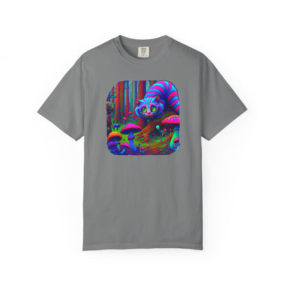 Curious Cat with mushrooms, Unisex Garment-Dyed T-shirt - Psychonaut Swag