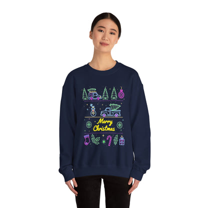 Christmas Crewneck Sweatshirt — Neon Holiday Tree "Merry Christmas" Design