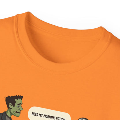 Funny Halloween Tee — Frankenstein & Mummy Coffee Joke Shirt