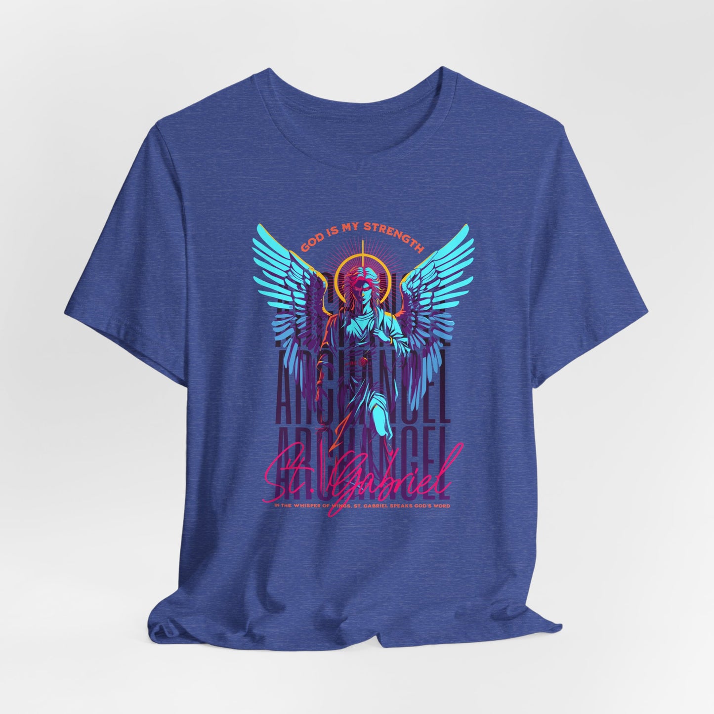 St. Gabriel Angel Tee — "God Is My Strength" Neon Graphic T-Shirt