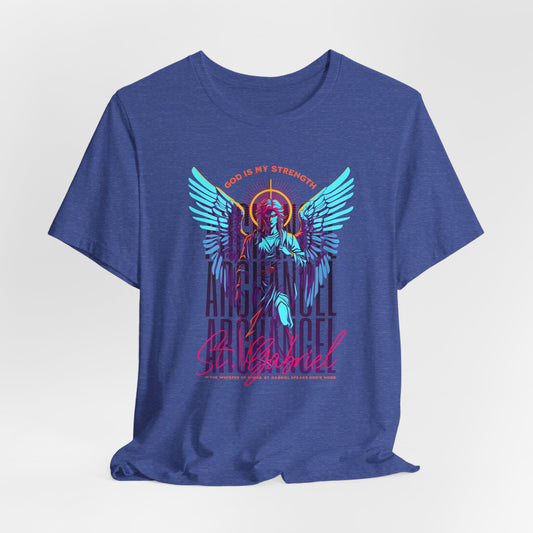 St. Gabriel Angel Tee — "God Is My Strength" Neon Graphic T-Shirt