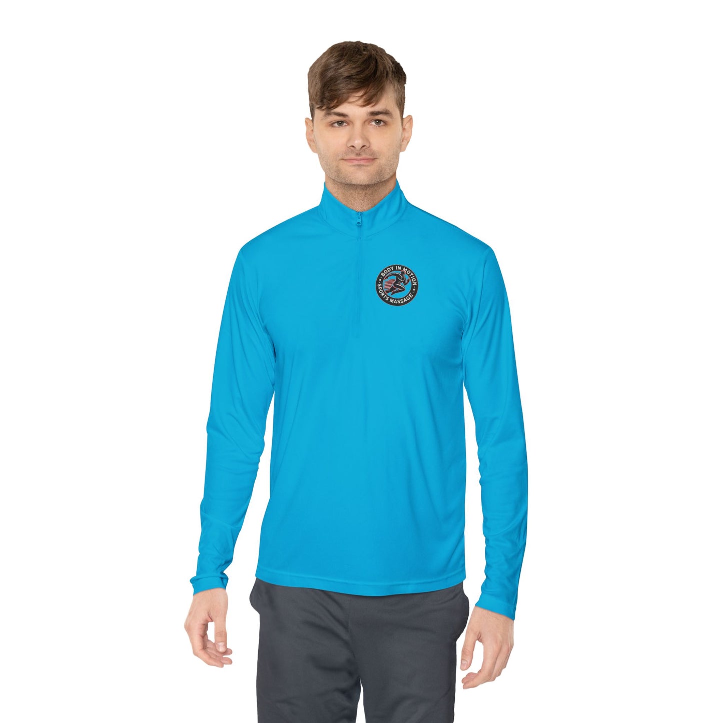 Sports Massage, Quarter-Zip Pullover — Vintage Fishing Badge Logo