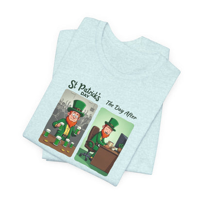 St. Patrick's Day Leprechaun Funny Cartoon T-Shirt — "St. Patrick's Day / The Day After" Tee