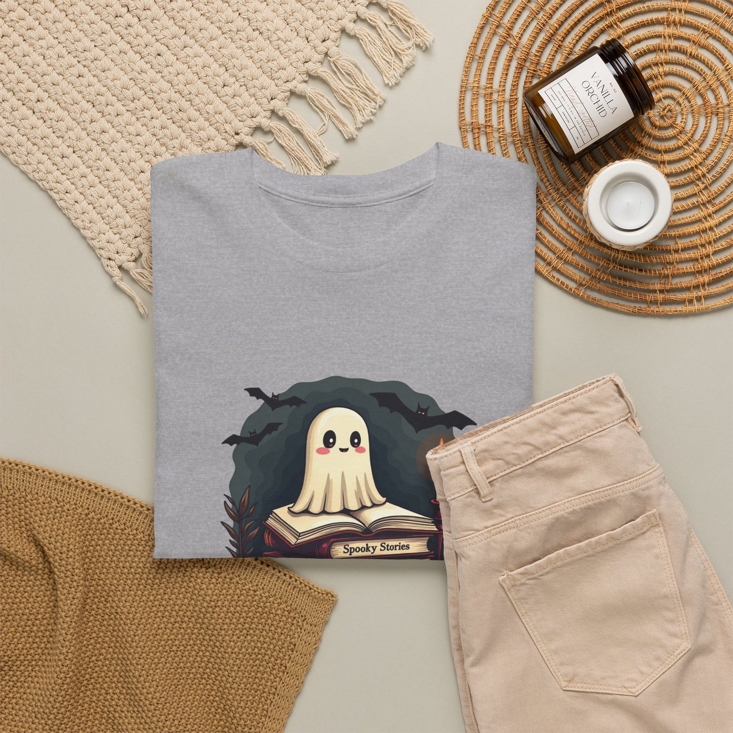 Ghost Reader T-Shirt — Cute Ghost on Stacked Books Halloween Tee