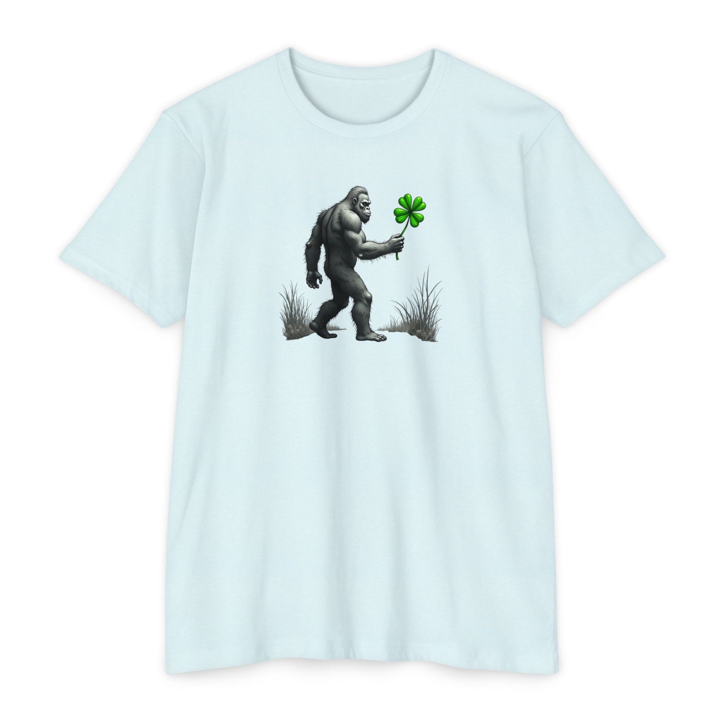 Bigfoot Holding Clover T‑Shirt — Funny Sasquatch St. Patrick’s Day Tee