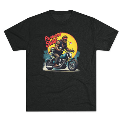 Psychonaut Swag Bigfoot on Motorcycle T-Shirt — Retro Biker Graphic Tee