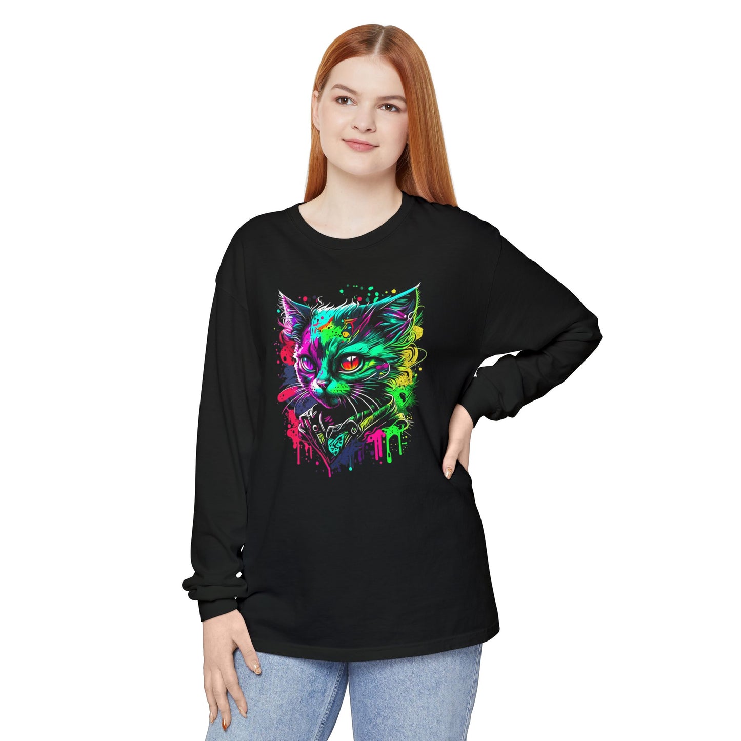 Psychedelic Cat, Unisex Garment-dyed Long Sleeve T-Shirt