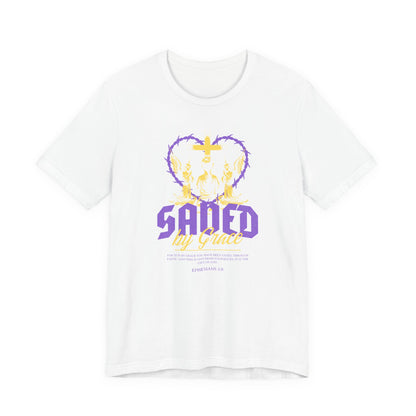 Saved by Grace T‑Shirt — Christian Faith Heart Design