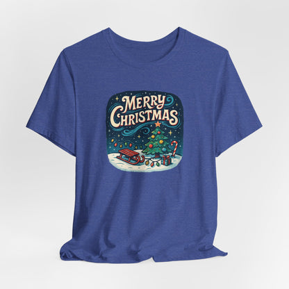 Merry Christmas Tee — Vintage Holiday Tree & Sled Graphic T-Shirt