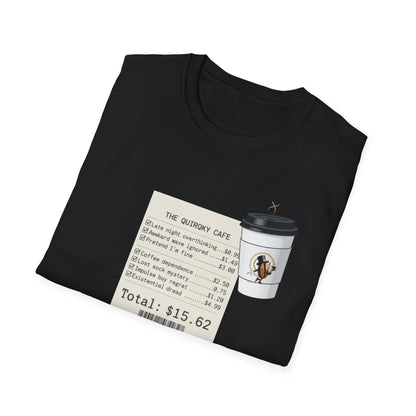 Coffee Receipt T-Shirt — 'The Quirky Cafe' Funny Coffee Order Receipt Tee