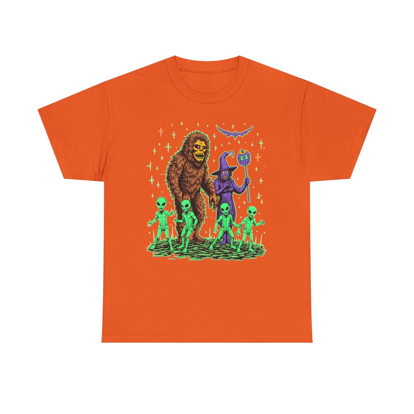 Bigfoot & Aliens Halloween Graphic Tee — Retro Neon Sci‑Fi Cryptid Shirt