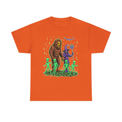 Bigfoot & Aliens Halloween Graphic Tee — Retro Neon Sci‑Fi Cryptid Shirt