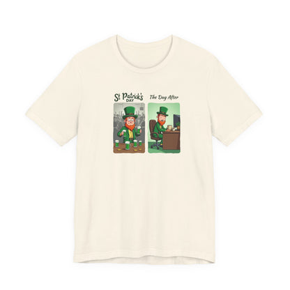 St. Patrick's Day Leprechaun Funny Cartoon T-Shirt — "St. Patrick's Day / The Day After" Tee