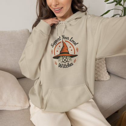 Support Your Local Witches Hoodie — Cute Witch Hat Graphic Pullover for Halloween