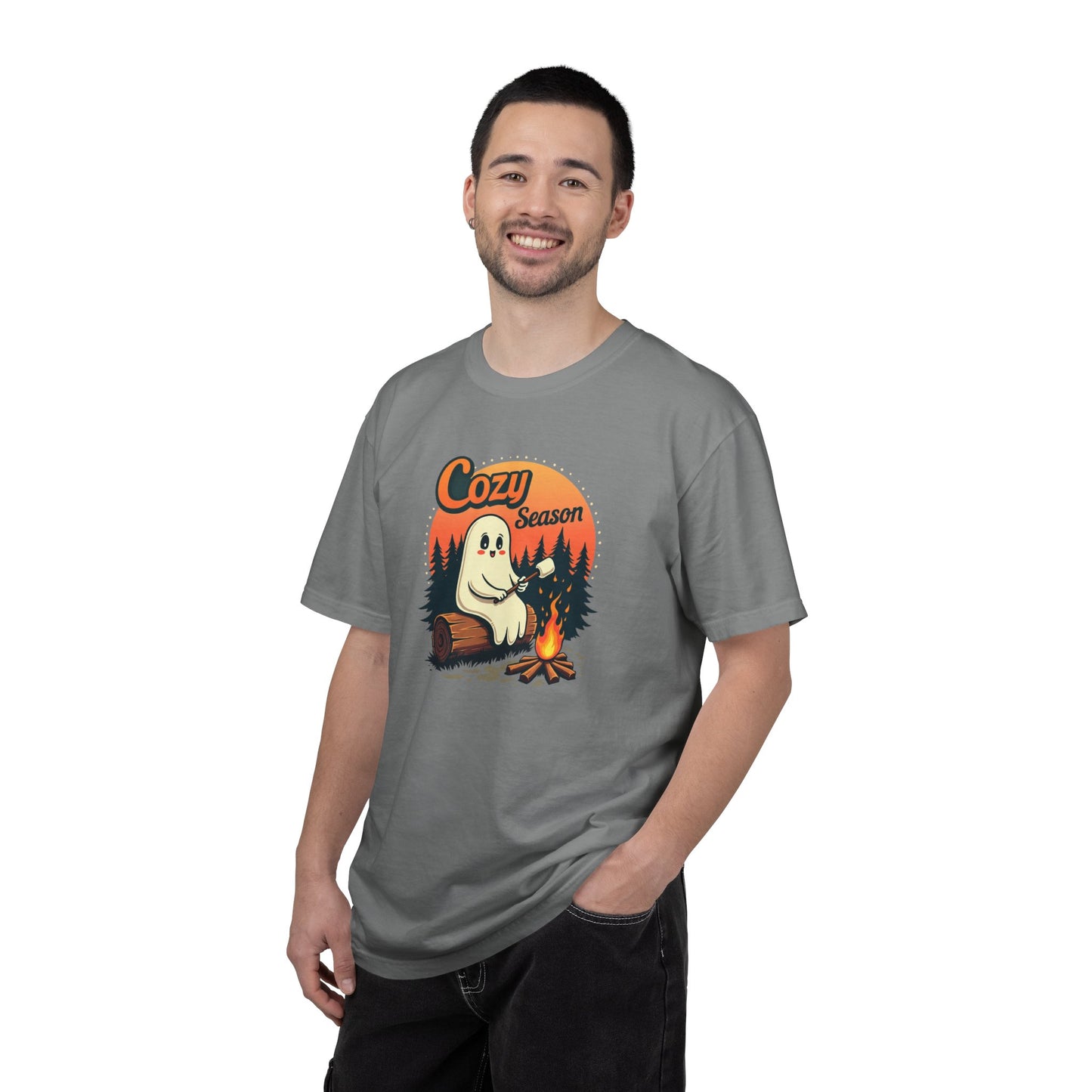 Cozy Season Ghost Tee — Campfire Autumn Graphic T-Shirt
