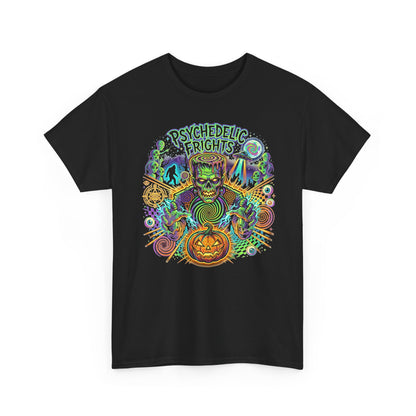 Psychedelic Monsters Halloween Tee — Spooky Pumpkin and Sasquatch Horror Graphic T-Shirt