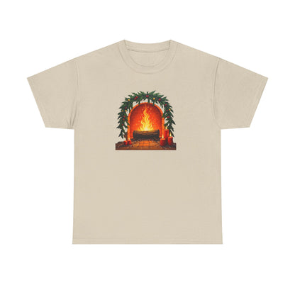 Cozy Holiday Fireplace T-Shirt — Vintage Log Fire Christmas Tee