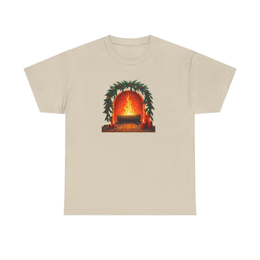 Cozy Holiday Fireplace T-Shirt — Vintage Log Fire Christmas Tee