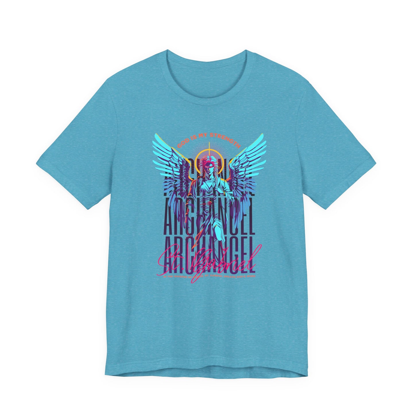 St. Gabriel Angel Tee — "God Is My Strength" Neon Graphic T-Shirt