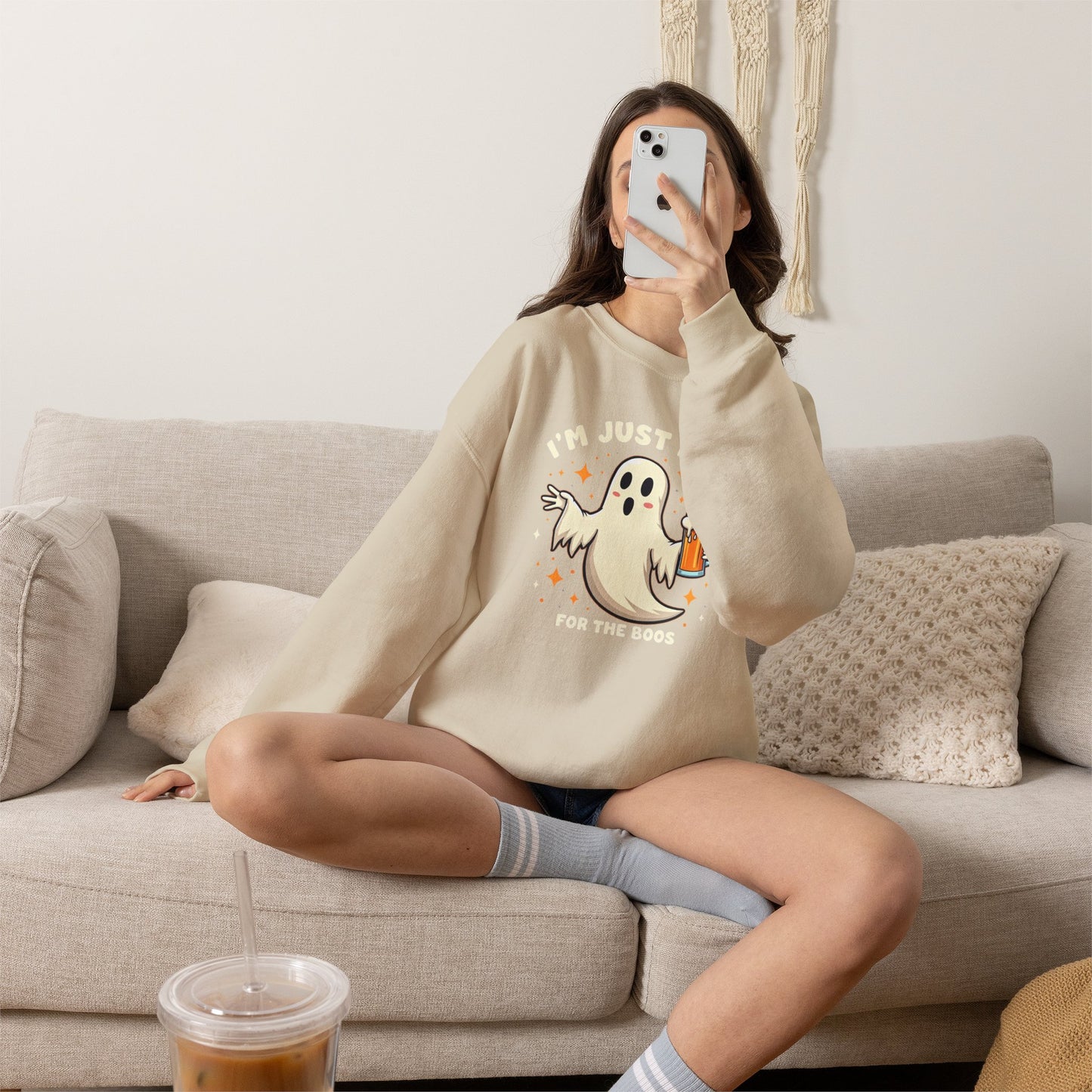 Halloween Ghost Sweatshirt — "I'm Just Here for the Boos" Cozy Crewneck