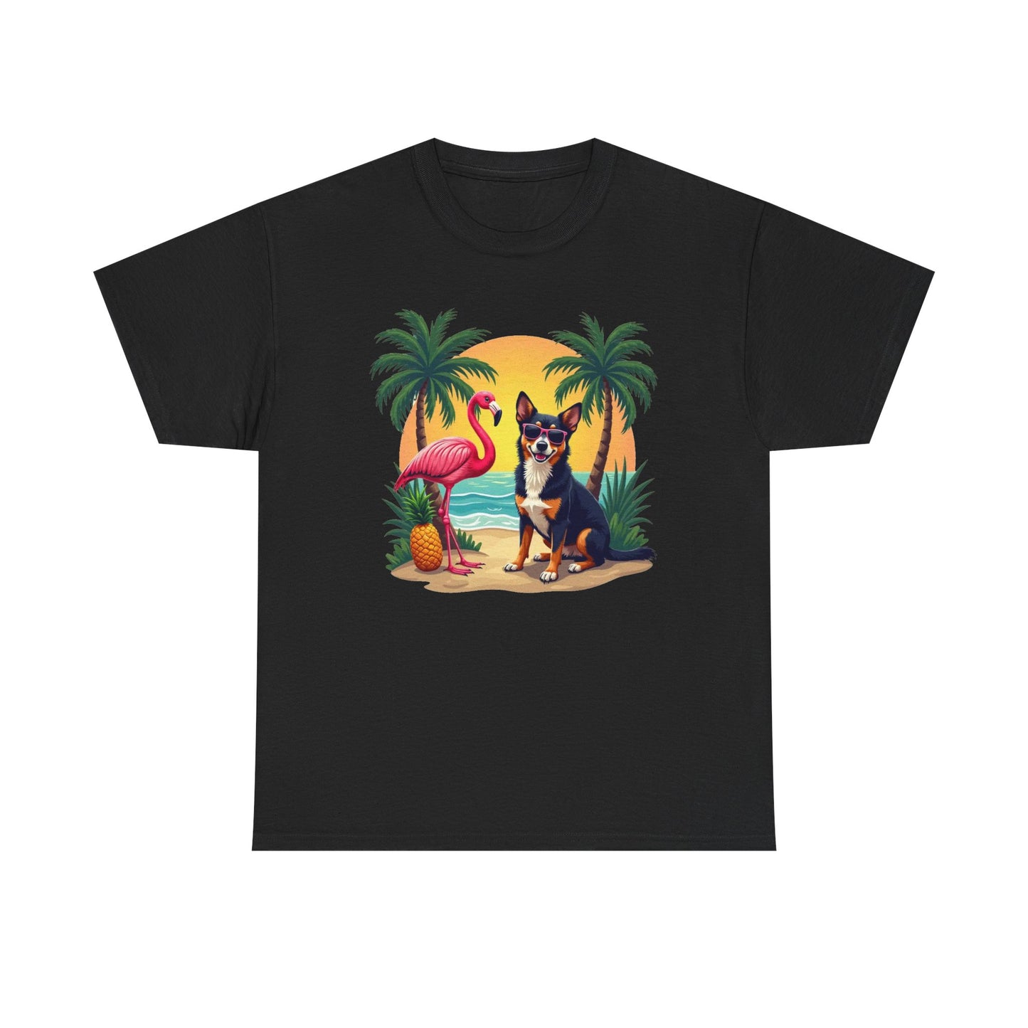 Dog Beach Sunset T-Shirt — Tropical Flamingo Palm Tee