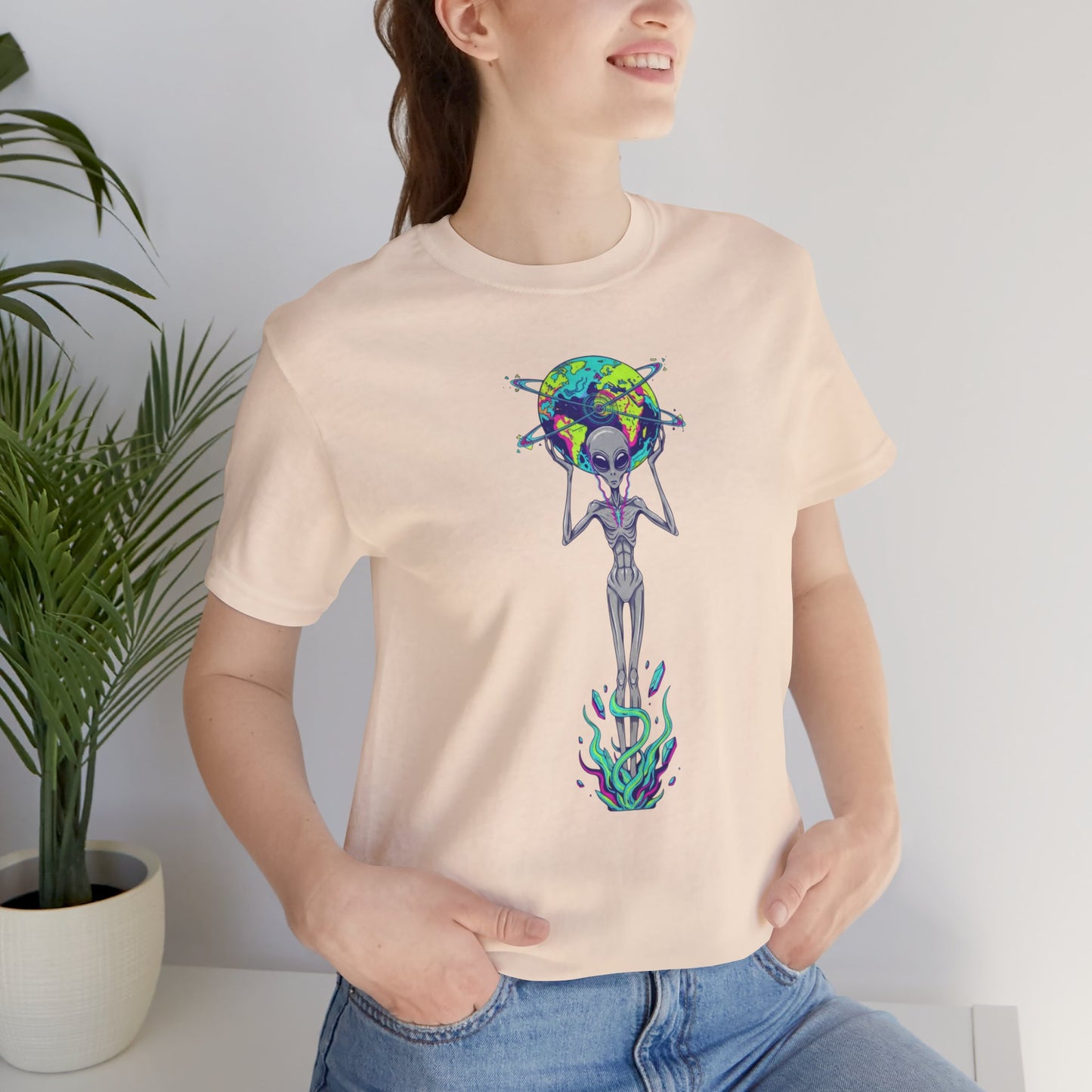 Alien Holding Earth Graphic Tee — Cosmic Sci‑Fi Alien Shirt
