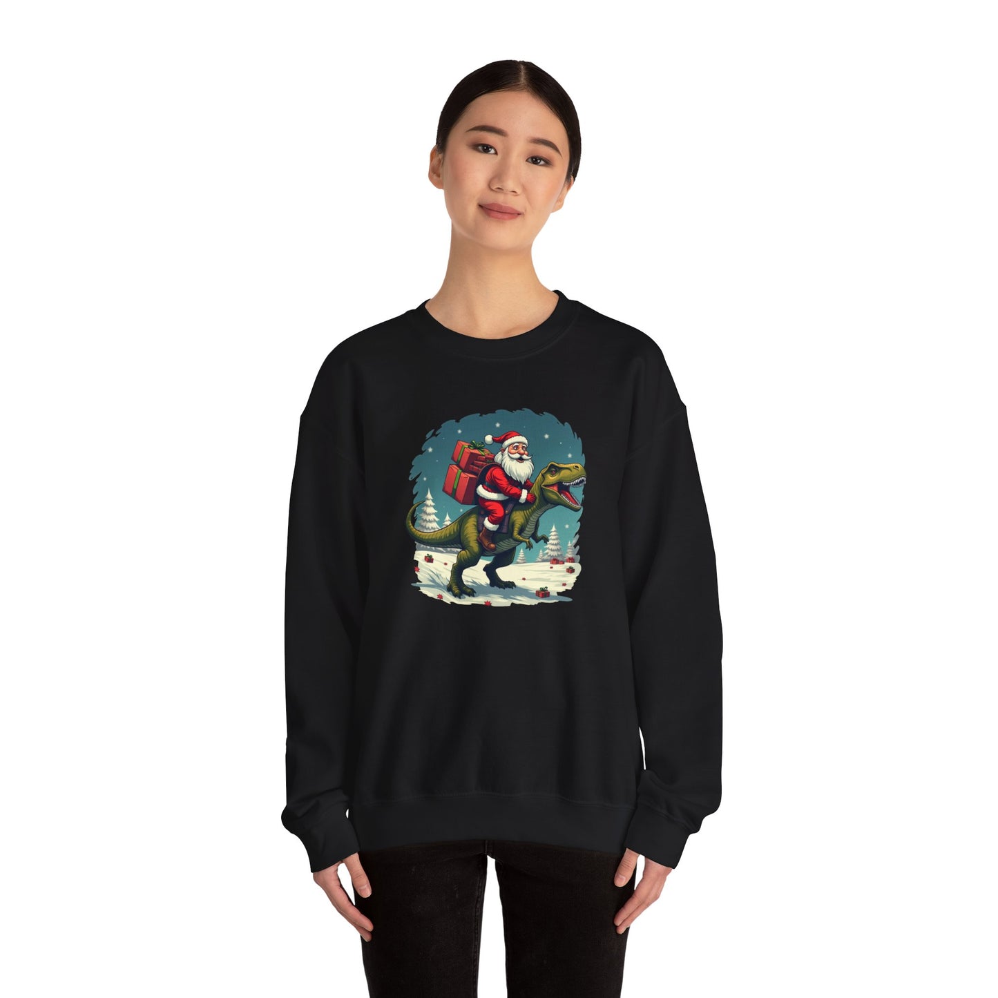 Santa Dashing through on a Dinosaur Sweatshirt — Santa Riding T-Rex Holiday Crewneck