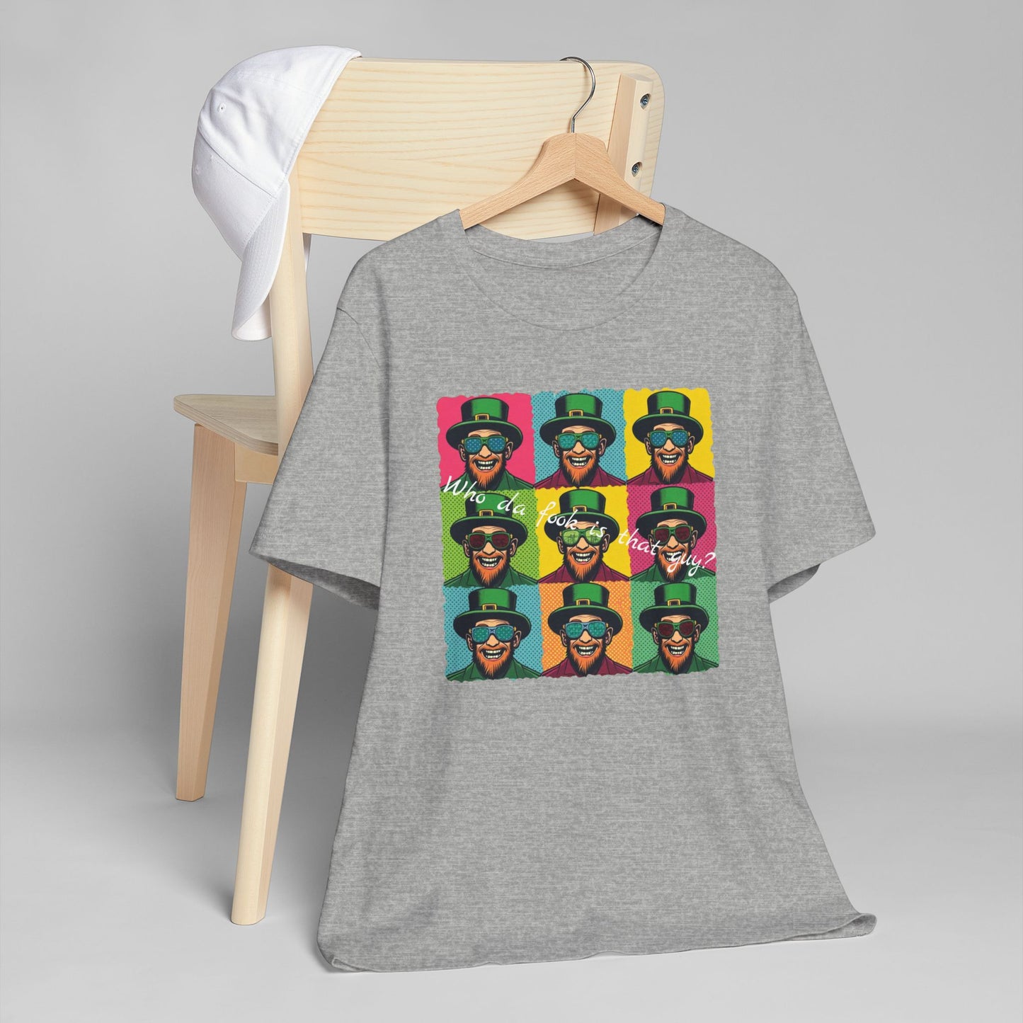 Pop Art Leprechaun, Who da fook is that guy?” T-Shirt — Colorful St. Patrick’s Day Graphic Tee