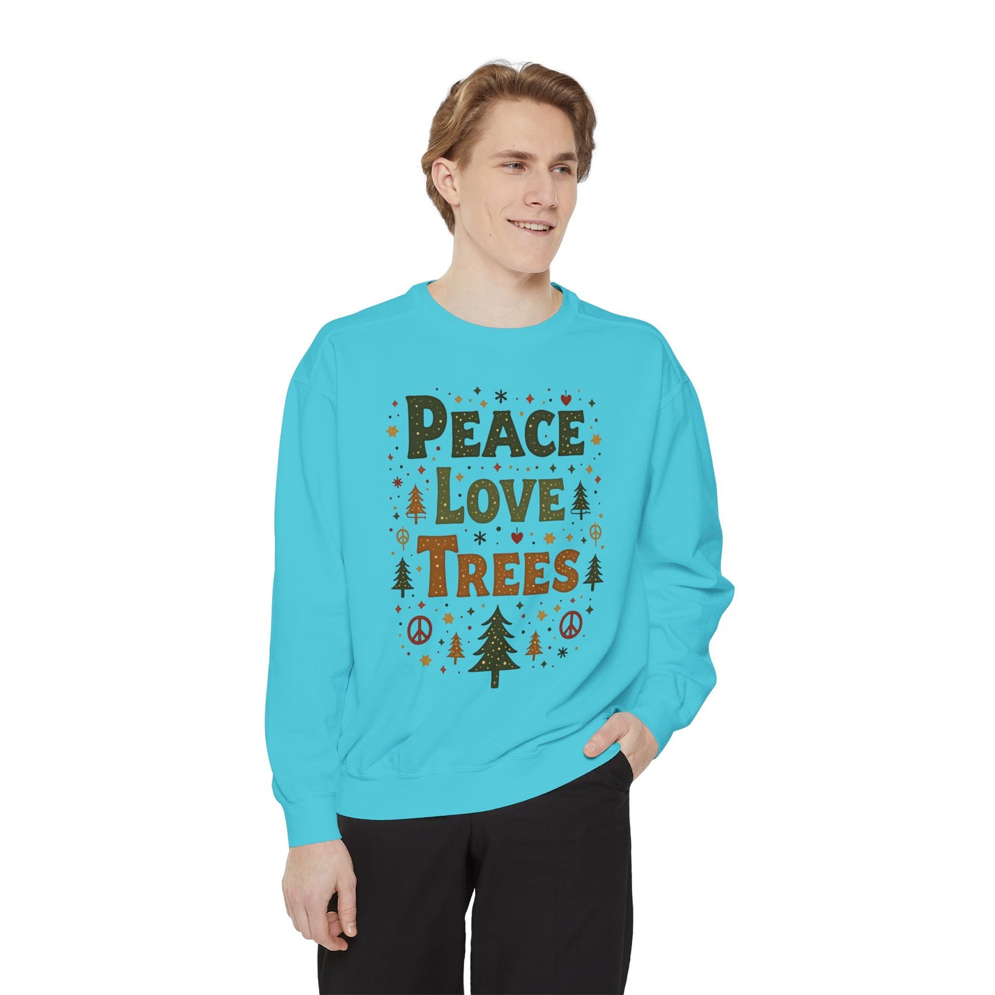 Peace Love Trees Sweatshirt — Eco Holiday Tree Graphic Sweatshirt