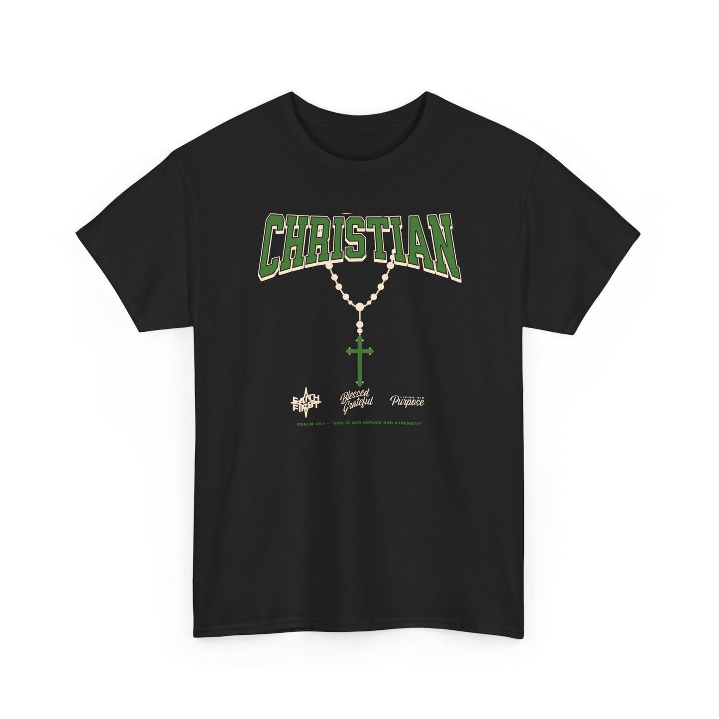 Christian Graphic Tee — Green Rosary Cross Shirt