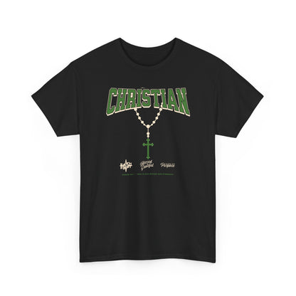 Christian Graphic Tee — Green Rosary Cross Shirt