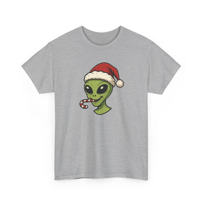 Alien Santa T-Shirt — Cute Green Alien with Santa Hat & Candy Cane Holiday Tee